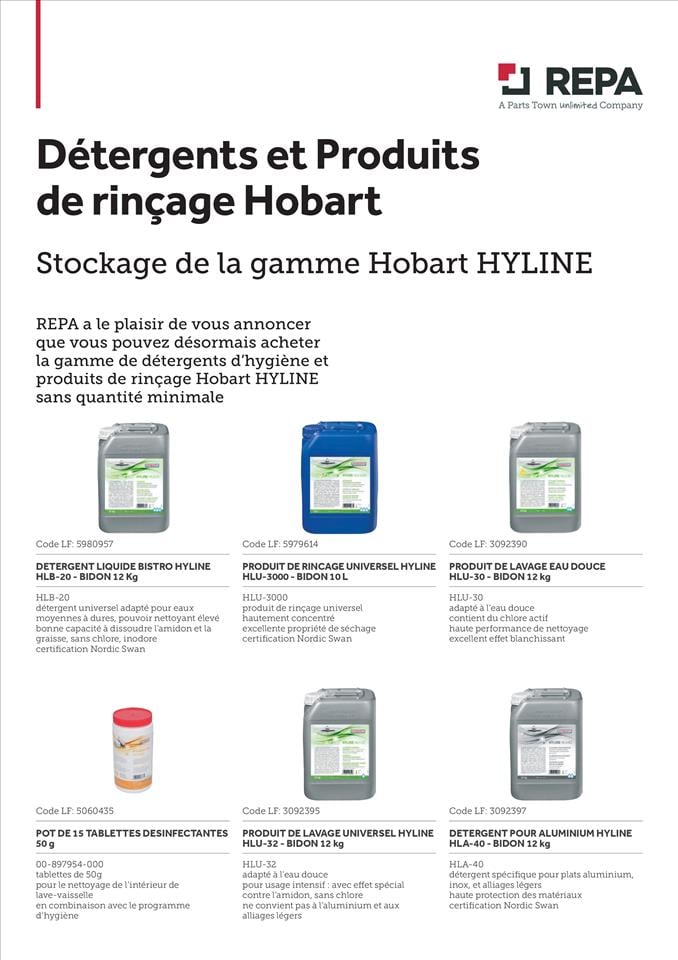 DÉTERGENTS ET RINÇAGE HOBART HYLINE 05/2024